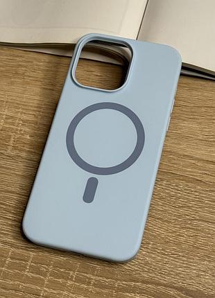 Силіконовий чохол на iphone 14 pro max з magsafe, блакитний матовий з м’якою підкладкою silicone case