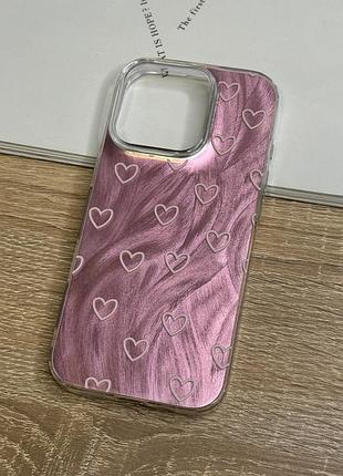 Силиконовый чехол на iphone 16 pro розовый с принтом белых сердечек