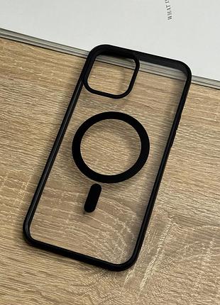 Чехол на iphone 12 pro с magsafe прозрачный с чёрными бортиками, ударопрочный tpu anti-drop