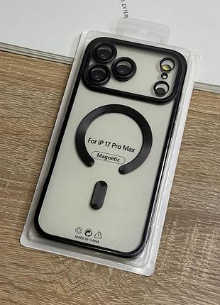 Силиконовый чехол на iphone 17 pro max с magsafe, прозрачный с чёрными бортиками и защитой камеры линзами