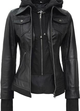 Женская кожаная куртка xl hooded woman jacket кожаная женская куртка-бомбер со съемным капюшоном
