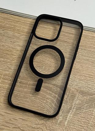 Чохол на iphone 14 pro з magsafe прозорий з чорними бортиками, ударостійкий tpu