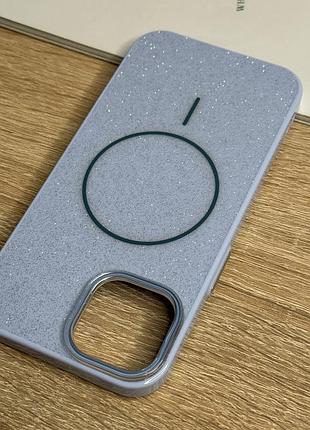 Чехол на iphone 14 голубой с блестками с магнитом магсейф