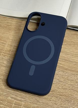 Силіконовий чохол на iphone 16 з magsafe, темний синій матовий з м’якою підкладкою silicone case