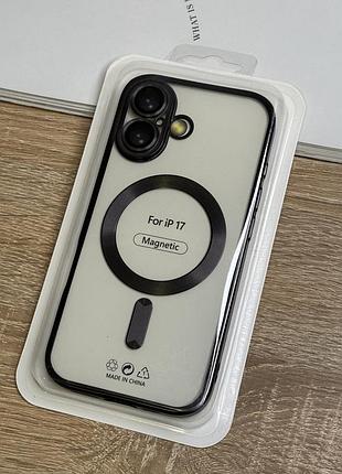 Силиконовый чехол на iphone 17 с magsafe, прозрачный с чёрными бортиками и защитой камеры линзами