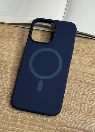 Силіконовий чохол на iphone 14 pro max з magsafe, темний синій матовий з м’якою підкладкою silicone case