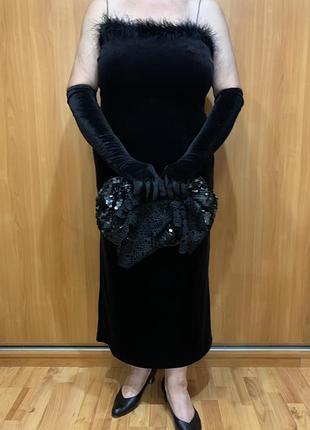 Вінтажна чорна оксамитова сукня-комбінація dorothy perkins з натуральним пір'ям на декольте, made in uk, 90-ті