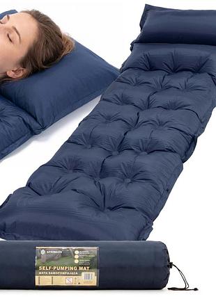Килимок самонадувний springos 193 x 66 x 3.5 см з подушкою pm054 navy blue, для відпочинку на природі, для походів і пікніка