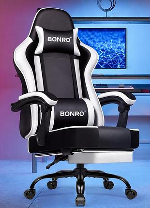 Кресло офисное с подставкой для ног bonro b-059 белое, для работы, гейминга, учебы из экокожи до 120 кг