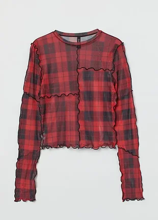 Красный лонгслив в клетку h&amp;m / прозрачный топ в сеточку с длинным рукавом