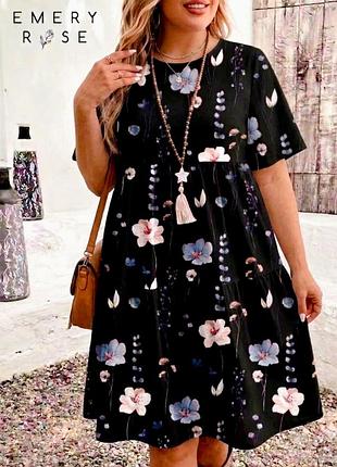 Платье женское emery rose 2xl меди ярусное с коротким рукавом и оборкой черный цветочный принт