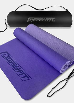 Килимок для йоги та фітнеса easyfit tpe+tc 6мм двошаровий + чохол бузковий з св.бузковим лучшая цена с быстрой доставкой по