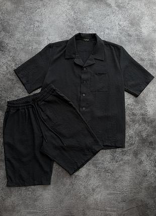 Комплект льняной рубашка + шорты polo черный xxl