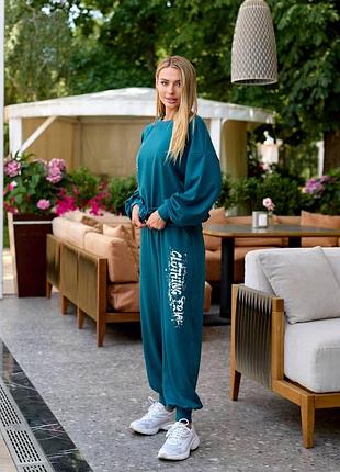 Жіночий спортивний костюм oversize світшот джогери двонитка смаргдовий, 54/56