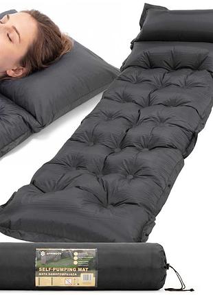 Килимок самонадувний springos 193 x 66 x 3.5 см з подушкою pm053 grey, для туризму, кемпінгу та подорожей, для походів і пікніка
