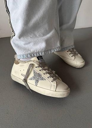 Кроссовки golden goose superstar white / silver / beige fur