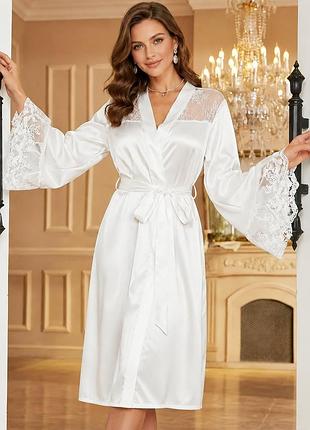 Атласний білий халат l xl жіночий з мереживом короткий xl