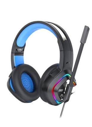 Наушники игровые проводные с микрофоном и led rgb подсветкой xo ge-08 черные с синим