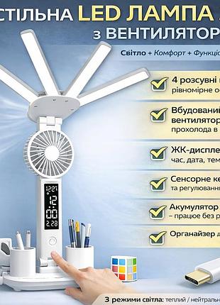 Настільна led-лампа з вентилятором, рк-дисплеєм і 4 світловими панелями krx-1011