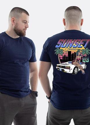Мужская классическая футболка с принтом sunset goons девушка авто пальмы, темно-синяя l
