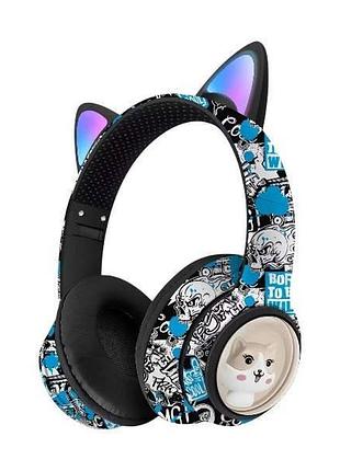 Наушники беспроводные с ушками графити led akz-37 черные с голубым