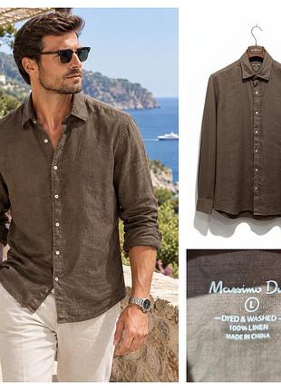 Massimo dutti, мужская льняная рубашка шоколадного цвета, размер l.