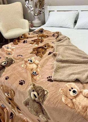 Двусторонний плед зимний велюр-шерсть на овчине 150×220 см