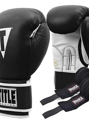 Боксерські рукавиці title boxing pro style leather gloves 3.0 black/white 12 oz (бинти 4м. в комплекті)