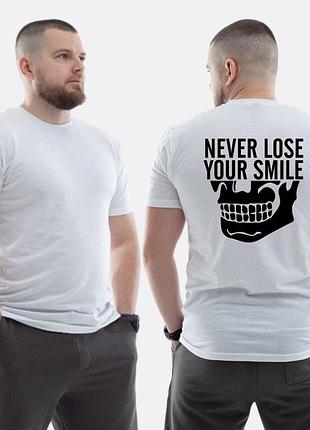 Мужская классическая футболка с принтом never lose your smile не теряй улыбку, белый
