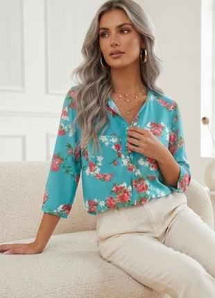 Очень красивая бирюзовая туника блузка блуза топ с принтом цветов  fig & flower м