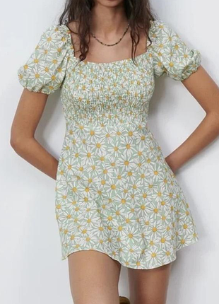 Короткое платье из льняной смеси в принт ромашки от zara