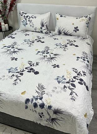 Покрывало стеганное хлопковое цветы 200x230 для кровати набор 2 наволочки 50x70 в сумке