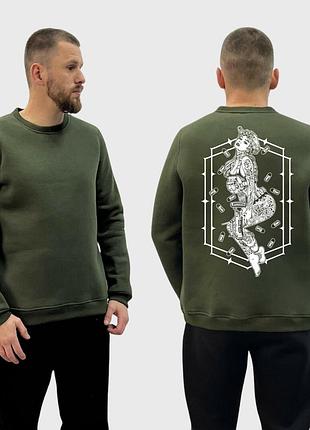 Мужской свитшот на флисе с принтом sunset goons девушка вокруг летят пули, хаки