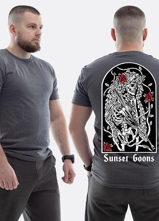 Мужская классическая футболка с принтом sunset goons скелет снайпер и розы, графитовый