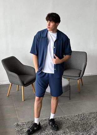 Шорты рубашка синий (креп, короткий рукав)