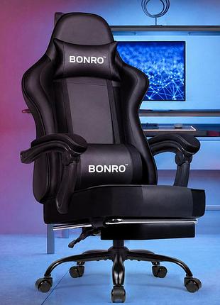 Кресло офисное с подставкой для ног bonro b-059 черное, для офиса, дома и гейминга, работы из экокожи до 150 кг