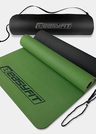 Килимок для йоги та фітнеса easyfit tpe+tc 6мм двошаровий + чохол зелений з чорним лучшая цена с быстрой доставкой по украине