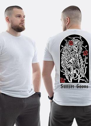 Мужская классическая футболка с принтом sunset goons скелет снайпер и розы, белый