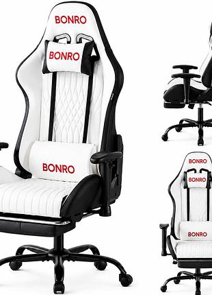 Геймерське крісло з підставкою для ніг bonro 1002g-1 біле, для офісу, дому та геймінгу, тривалого сидіння із екошкіри до 150 кг