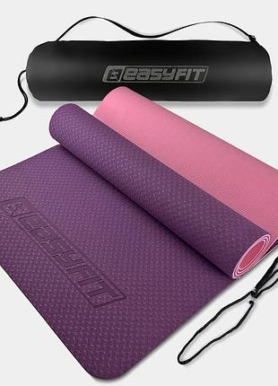 Килимок для йоги та фітнеса easyfit tpe+tc 6мм двошаровий + чохол фіолетовий з рожевим лучшая цена с быстрой доставкой по украине