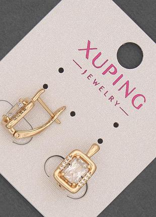 Серьги xuping с белыми стразами и белым кристаллом d-8мм+- l-14мм+- позолота 18к