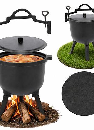 Туристический чугунный котелок 11 л garden line на 3 ножках с крышкой и ручкой для переноски (польша)