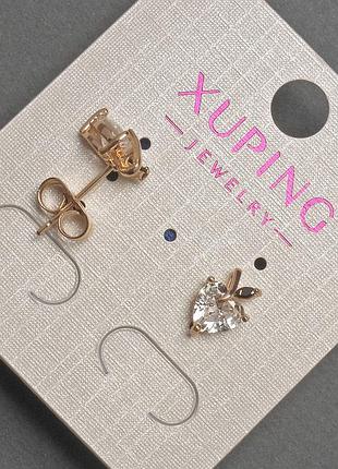 Серьги пусеты шарики xuping сердце с белым кристаллом d-7х10мм+- позолота 18к