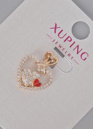 Кулон xuping "сердце" с белыми стразами и красной эмалью d-18х14мм+- позолота 18к