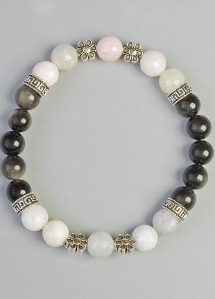 Браслет серебристый обсидиан и жадеит цветной d-8мм+- (стрейч) l-18см+- с металлическими вставками