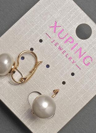 Серьги xuping с бусиной майорка d-10мм+- l-16мм+- позолота 18к