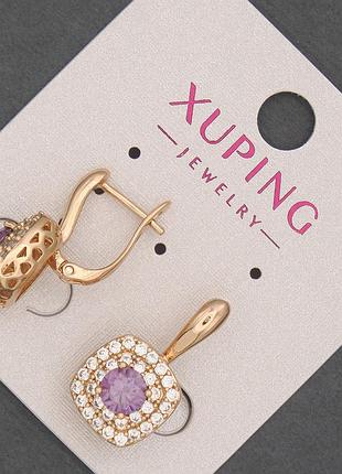 Серьги xuping с белыми стразами и фиолетовым кристаллом d-12мм+- l-20мм+- позолота 18к