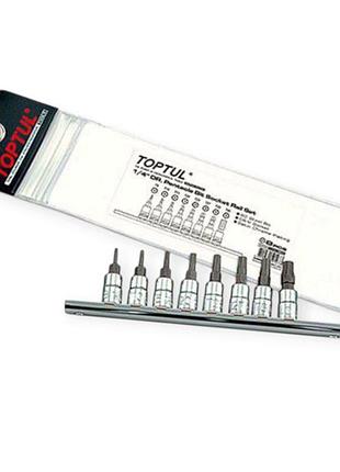 Набор головок-вставок torx 1/4" 8шт, t8-t40 с отверстием (планка) toptul