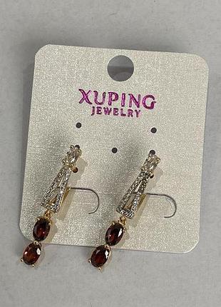Серьги xuping с красным камнем 30х4мм позолота 18к