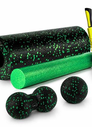 Массажный набор powerplay pp_4015 epp foam roller set 4in1 (2-ва роллы + 2-ва мячи) черно-зеленый, для домашнего массажа, для стоп
